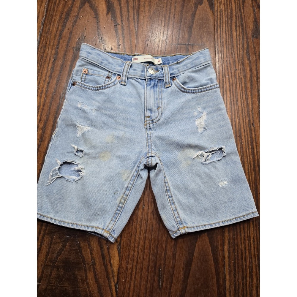 Levis 500 Kids Slim Shorts Size 6 Light Wash Blue Distressed Ripped Denim